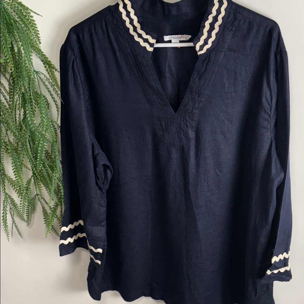 Chico's Linen Dark Blue Blouse with Cream Accents